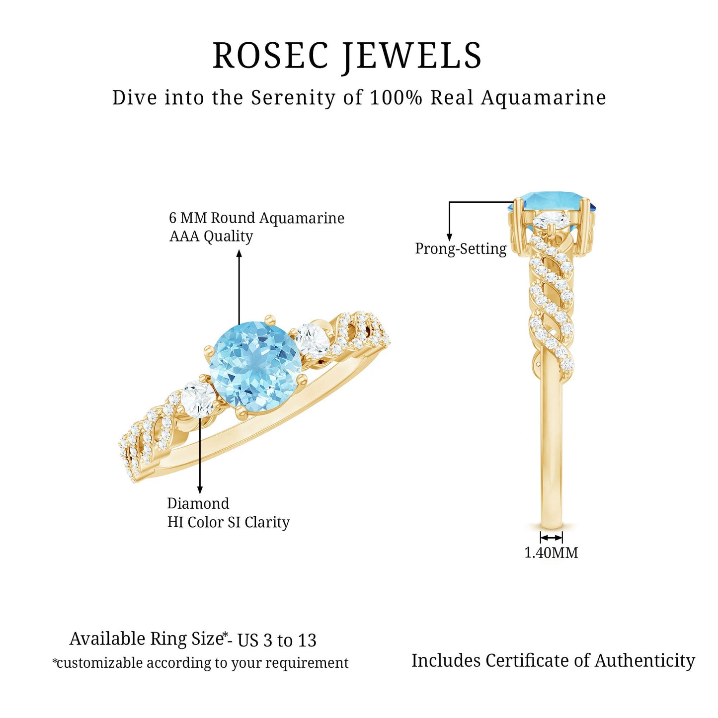Certified Real Aquamarine Engagement Ring with Diamond Side Stones