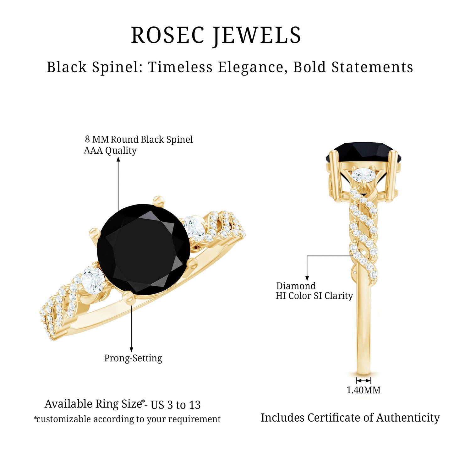 Designer 2.6 Carat Black Spinel Engagement Ring with Diamond