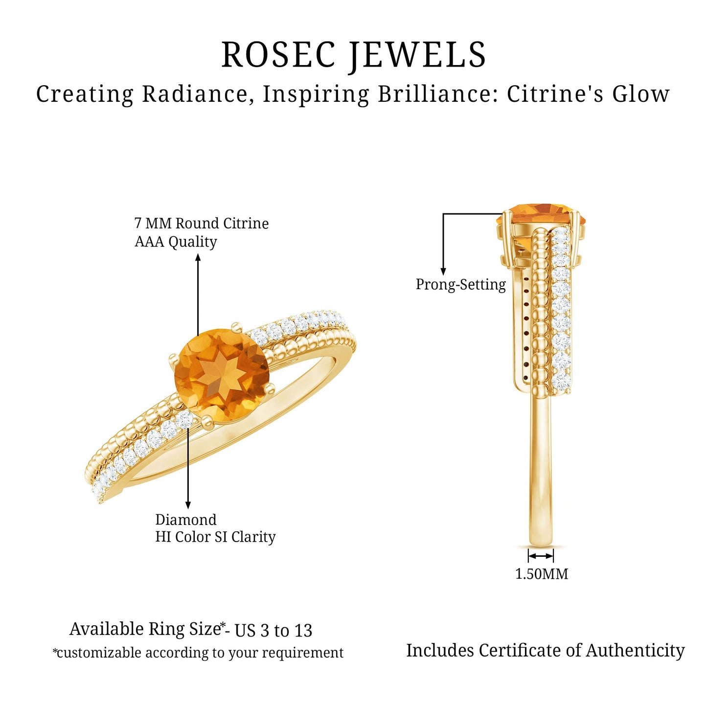 Natural Citrine Solitaire Engagement Ring with Diamond