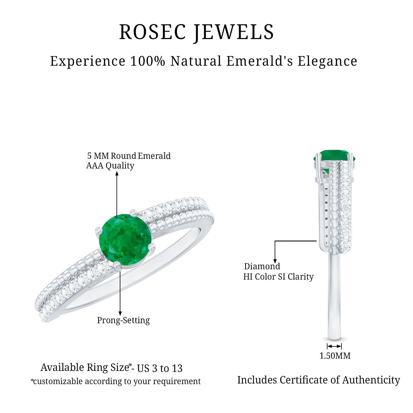 Certified Real Emerald Diamond Engagement Ring with Beaded Detailing