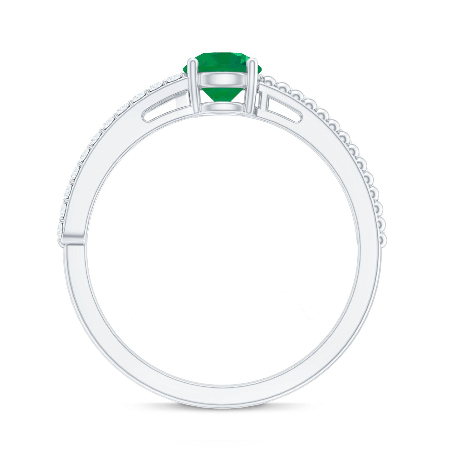 Certified Real Emerald Diamond Engagement Ring with Beaded Detailing