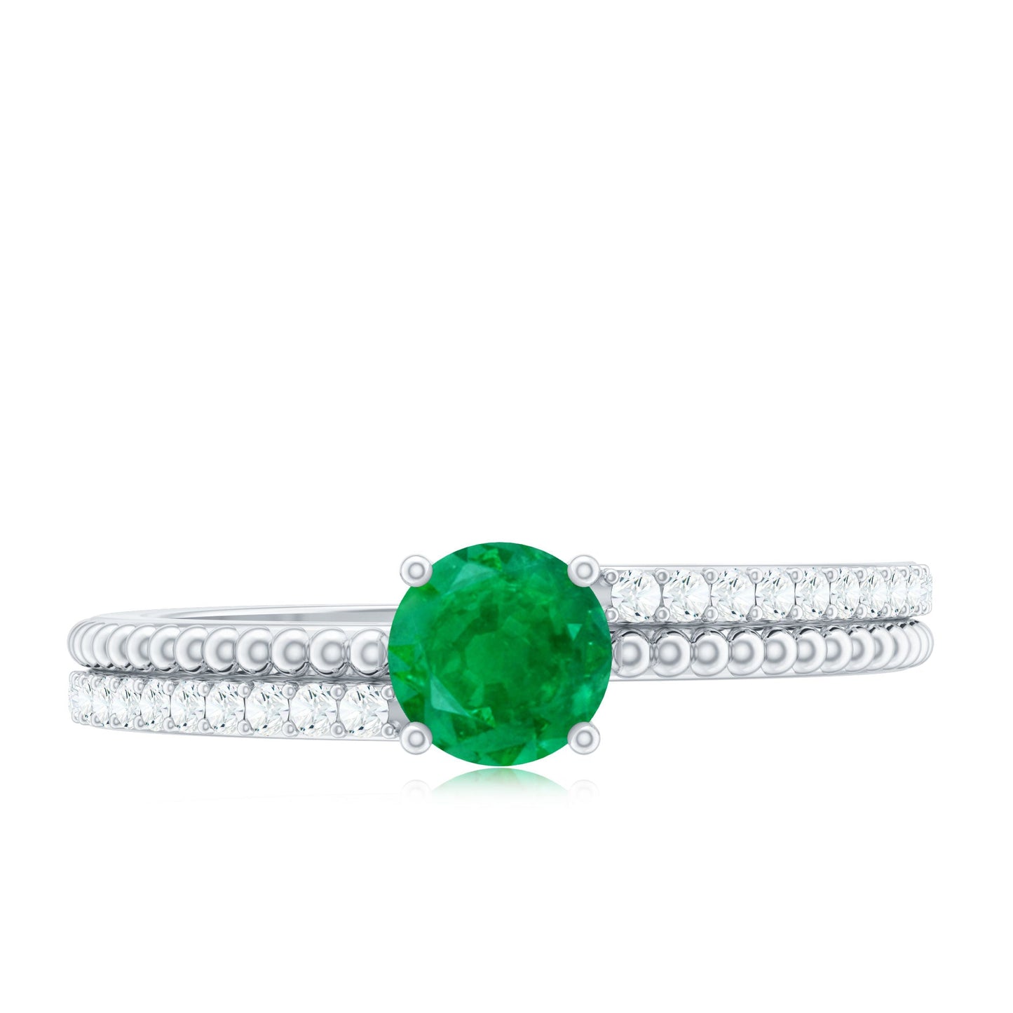 Certified Real Emerald Diamond Engagement Ring with Beaded Detailing