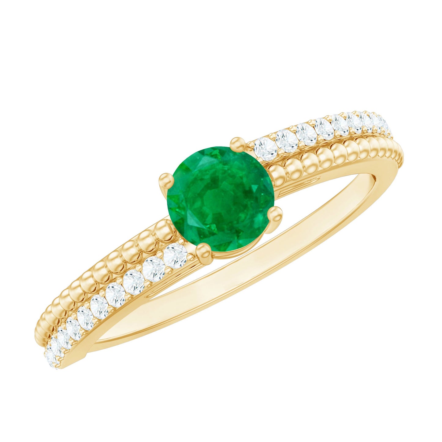 Certified Real Emerald Diamond Engagement Ring with Beaded Detailing