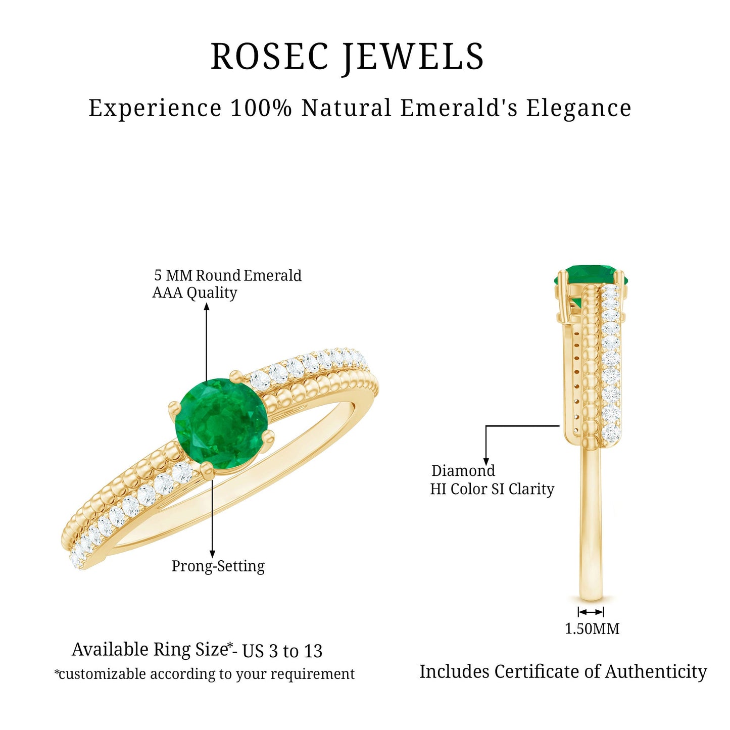 Certified Real Emerald Diamond Engagement Ring with Beaded Detailing