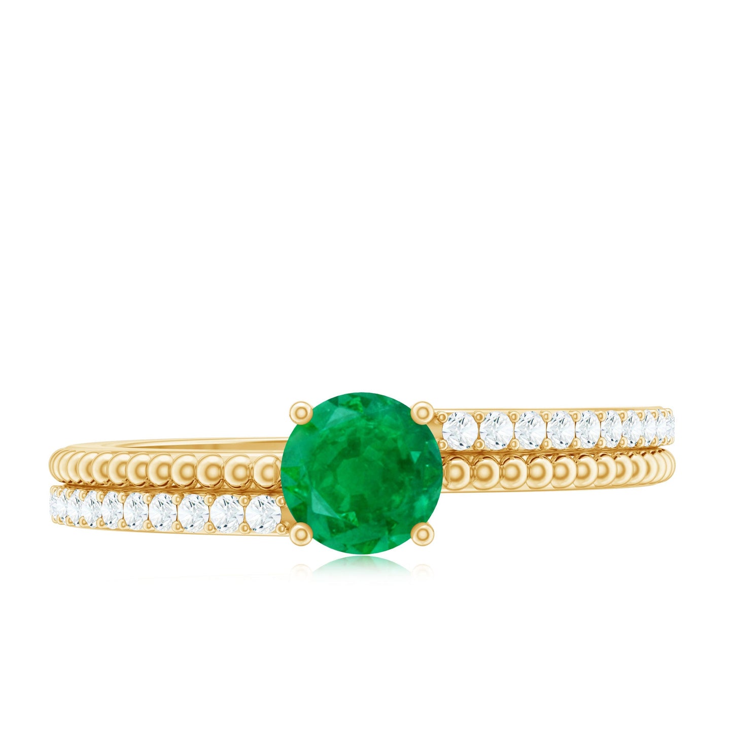 Certified Real Emerald Diamond Engagement Ring with Beaded Detailing