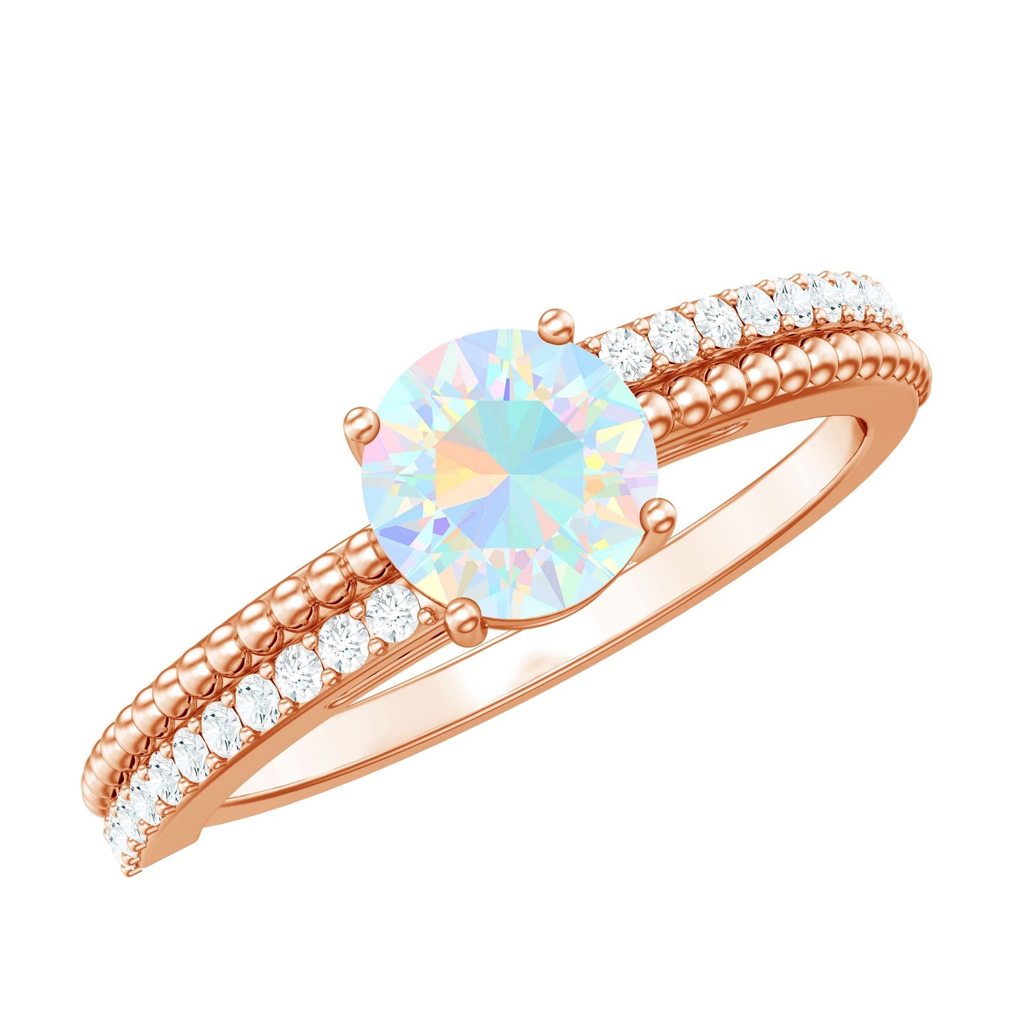 Natural Ethiopian Opal Diamond Solitaire Engagement Ring with Beaded Detailing
