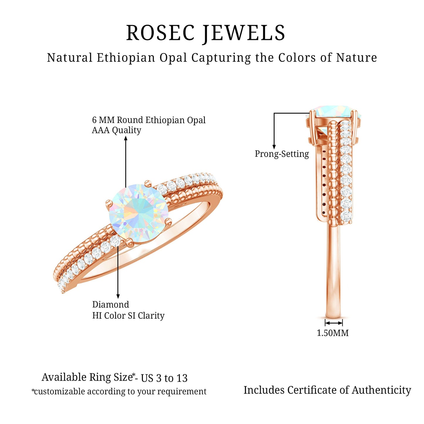 Natural Ethiopian Opal Diamond Solitaire Engagement Ring with Beaded Detailing