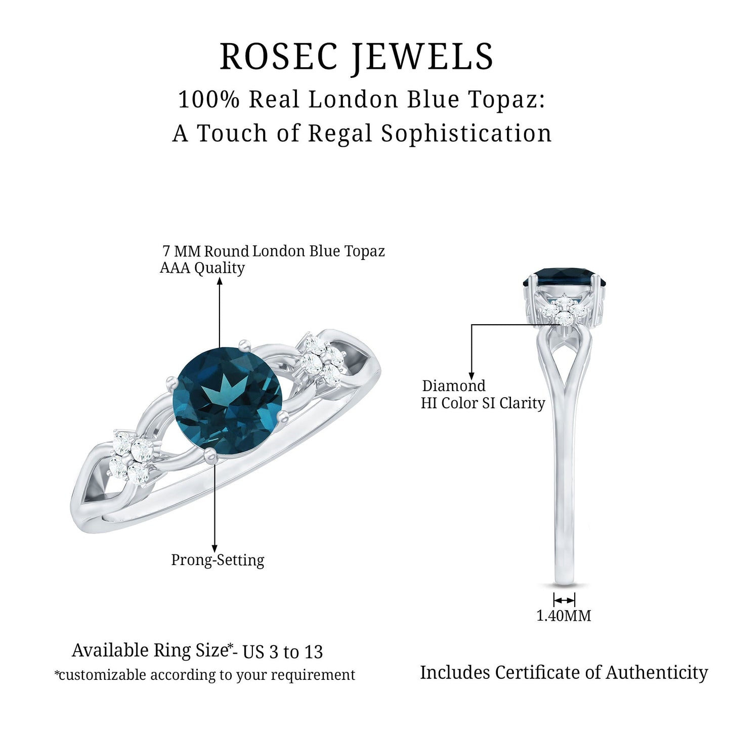 1.3 Carat London Blue Topaz Solitaire Engagement Ring with Diamond