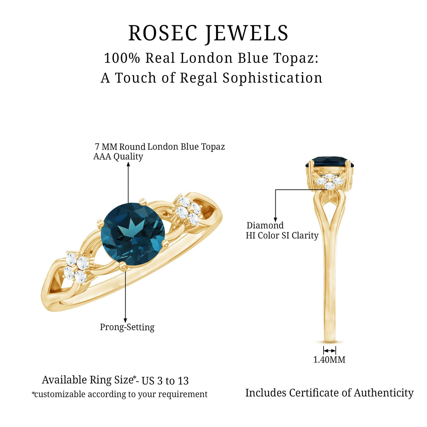 1.3 Carat London Blue Topaz Solitaire Engagement Ring with Diamond