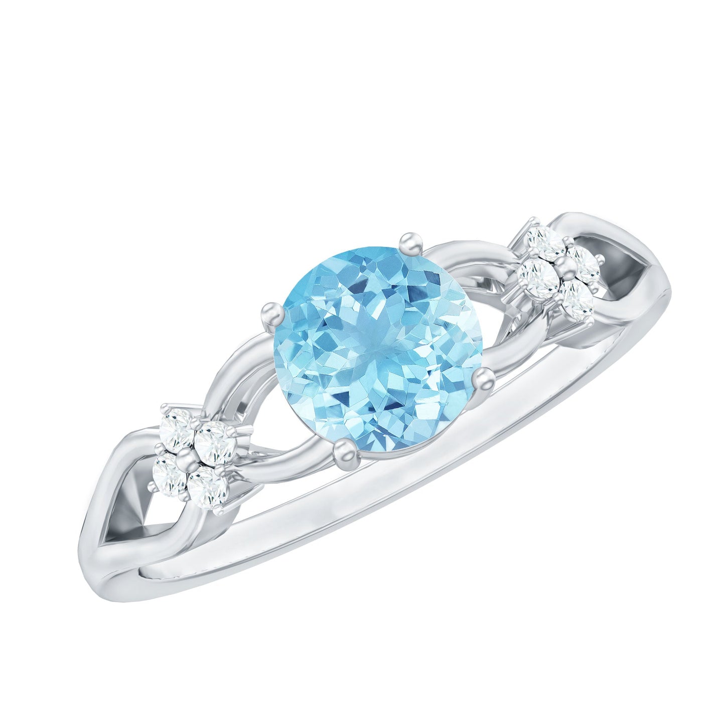 Genuine Aquamarine Crossover Engagement Ring with Diamond Flower