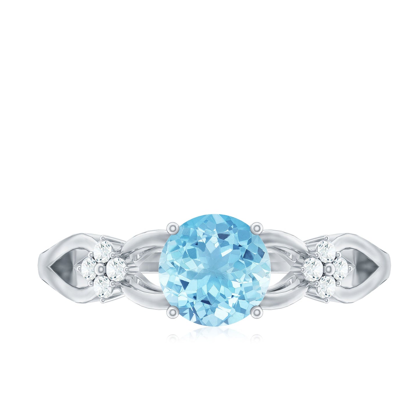 Genuine Aquamarine Crossover Engagement Ring with Diamond Flower