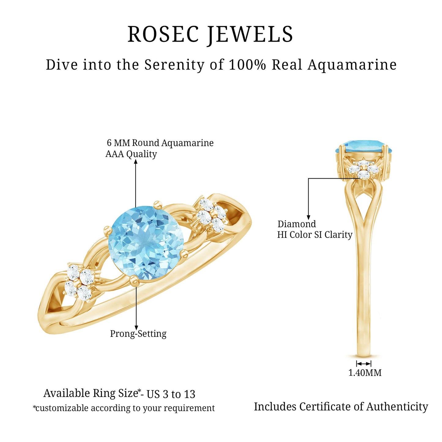 Genuine Aquamarine Crossover Engagement Ring with Diamond Flower