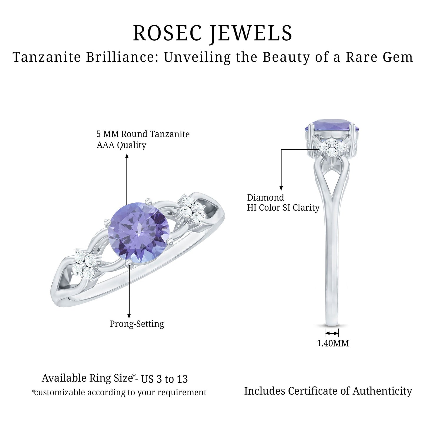 Natural Solitaire Tanzanite Engagement Ring with Diamond Flower