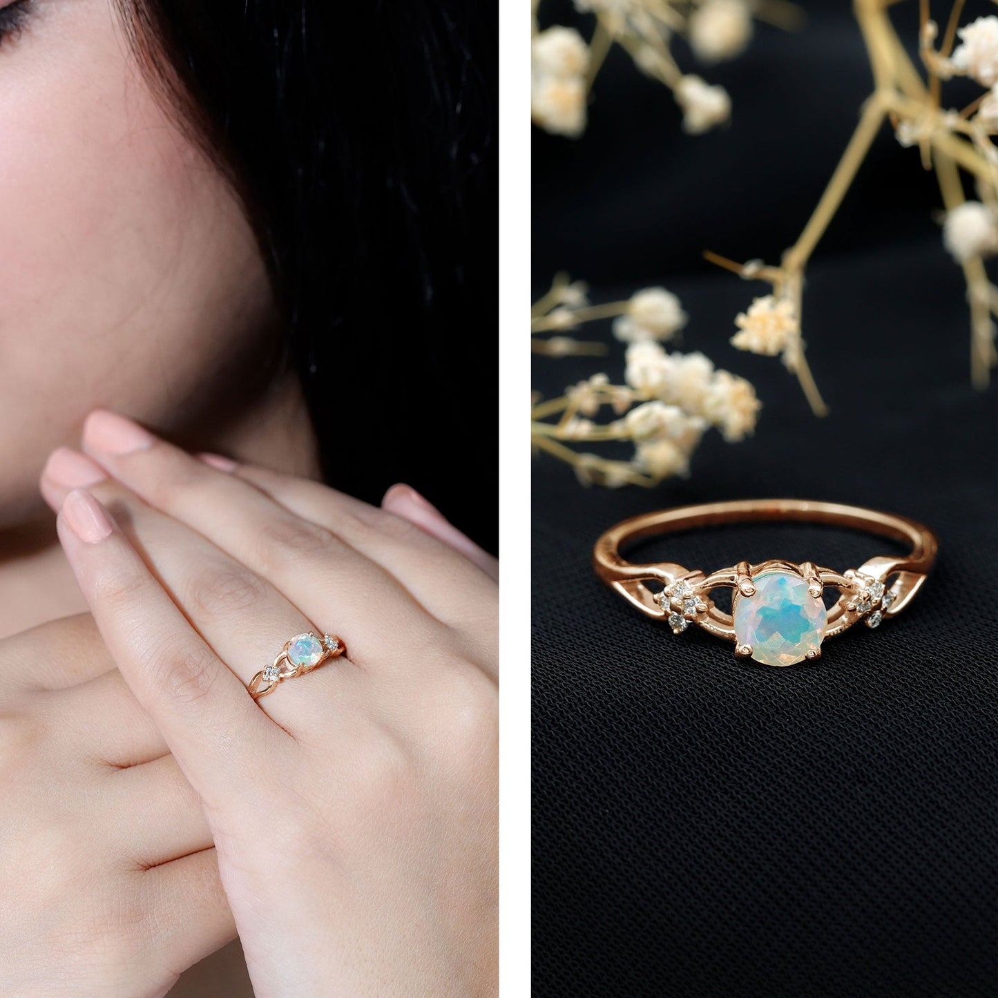 Natural Ethiopian Opal Crossover Engagement Ring with Floral Diamond