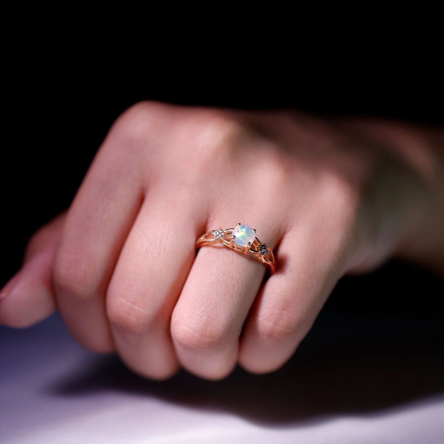 Natural Ethiopian Opal Crossover Engagement Ring with Floral Diamond