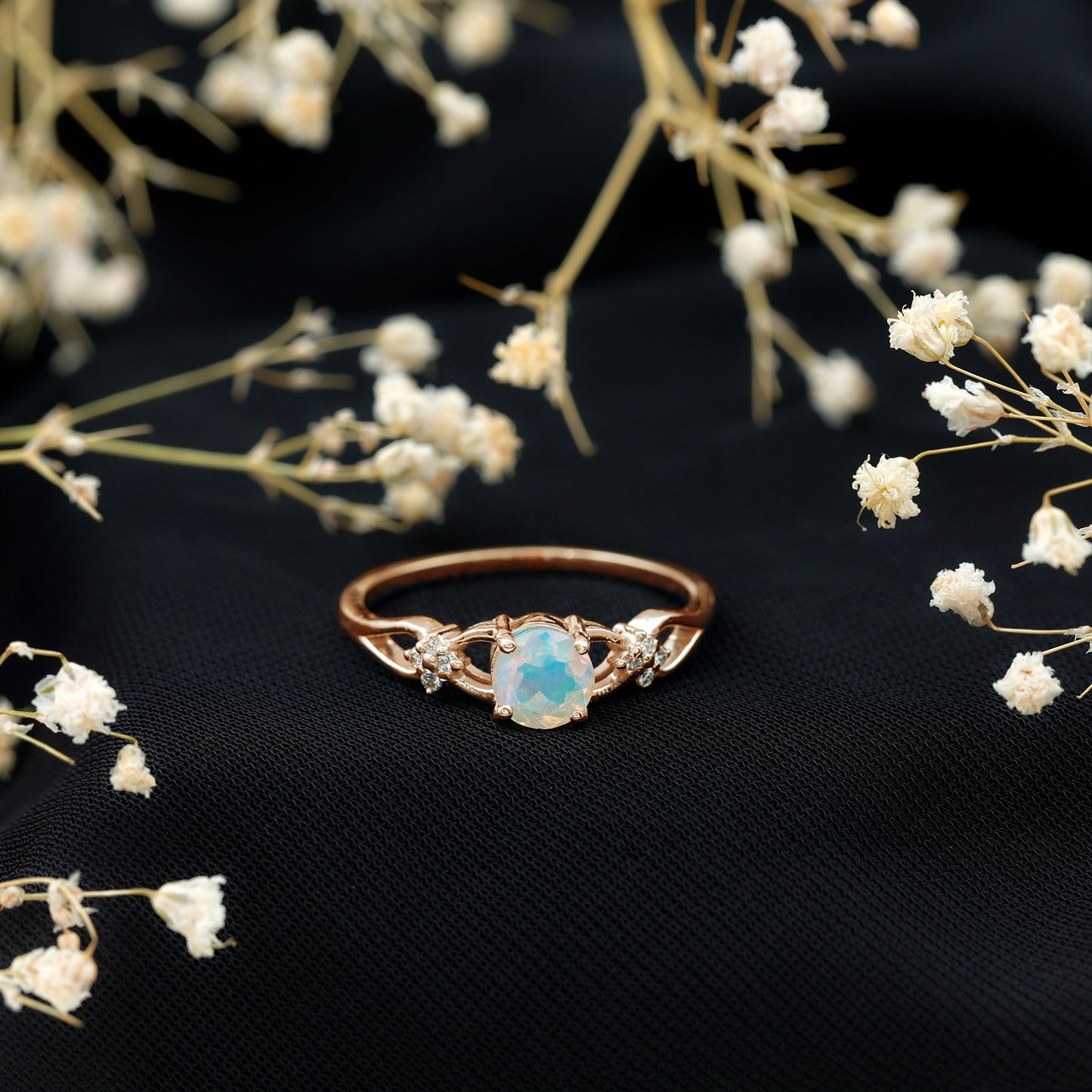 Natural Ethiopian Opal Crossover Engagement Ring with Floral Diamond