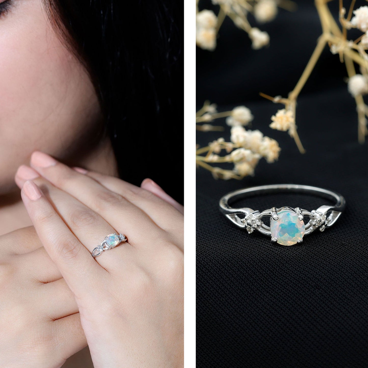 Natural Ethiopian Opal Crossover Engagement Ring with Floral Diamond