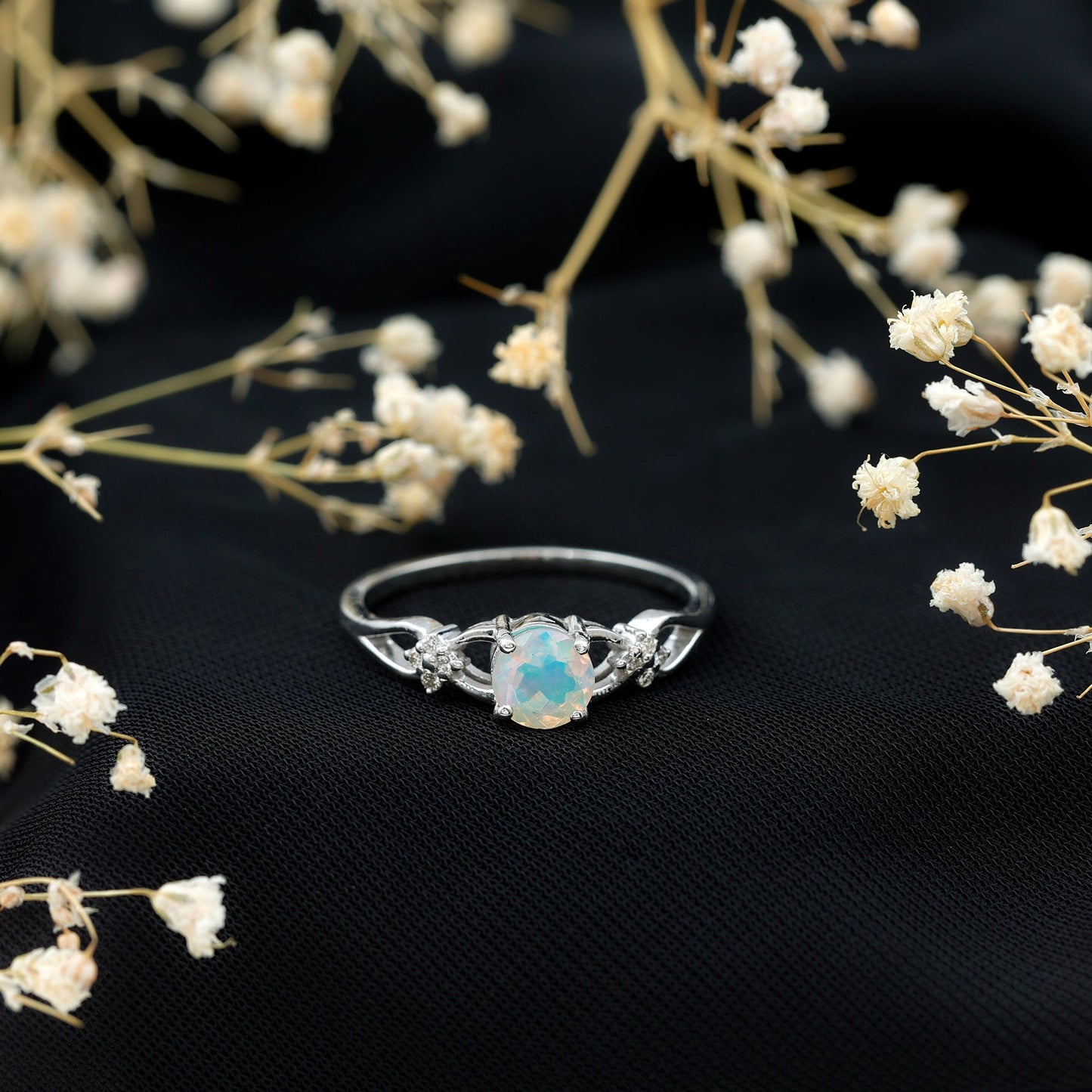 Natural Ethiopian Opal Crossover Engagement Ring with Floral Diamond