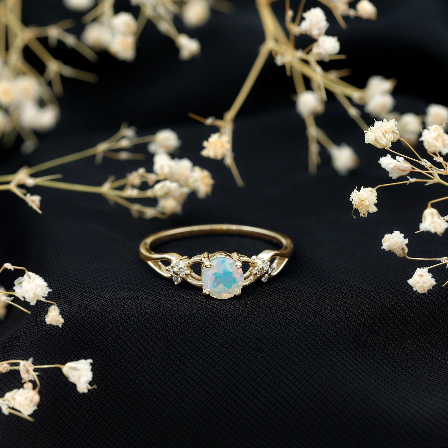 Natural Ethiopian Opal Crossover Engagement Ring with Floral Diamond