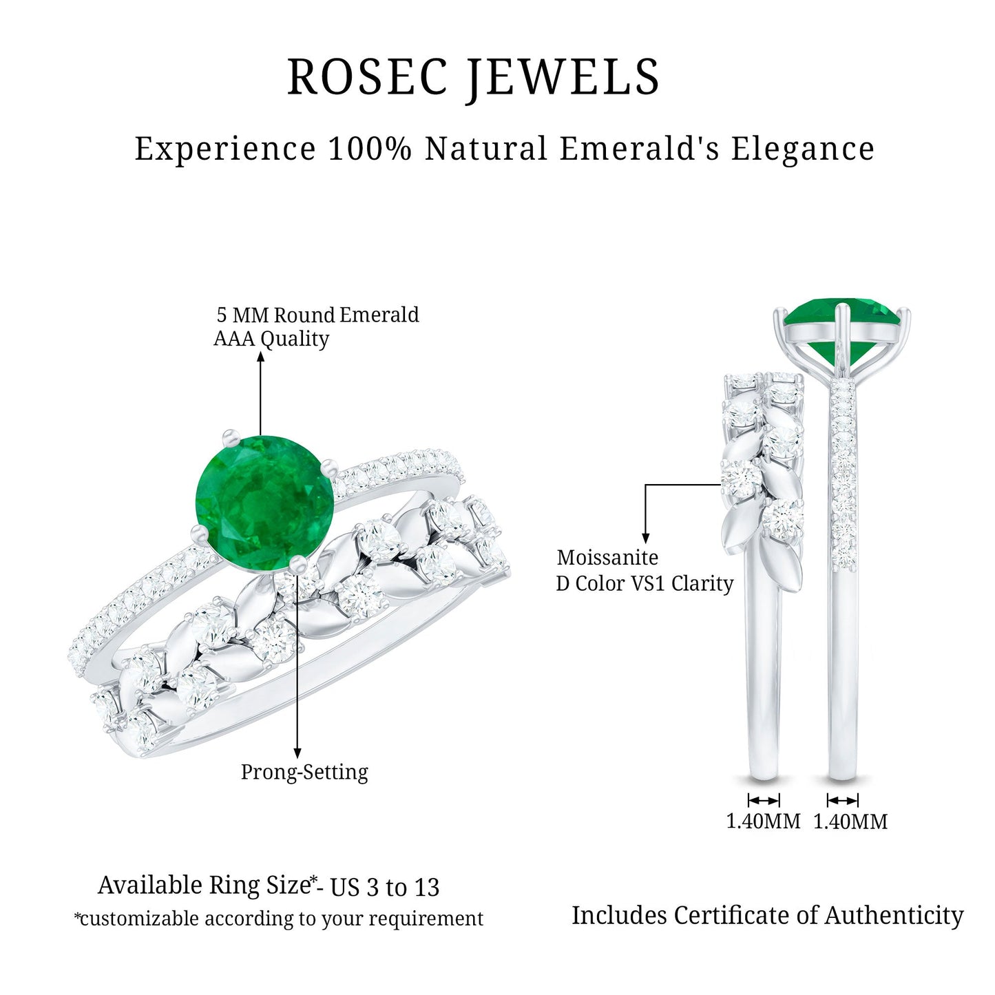 Nature Inspired 0.4 Carat Emerald Diamond Wedding Bridal Ring Set of 2