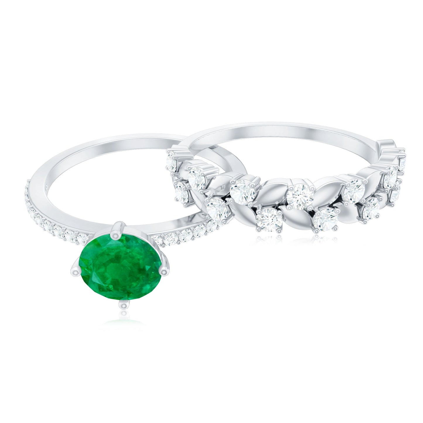 Nature Inspired 0.4 Carat Emerald Diamond Wedding Bridal Ring Set of 2
