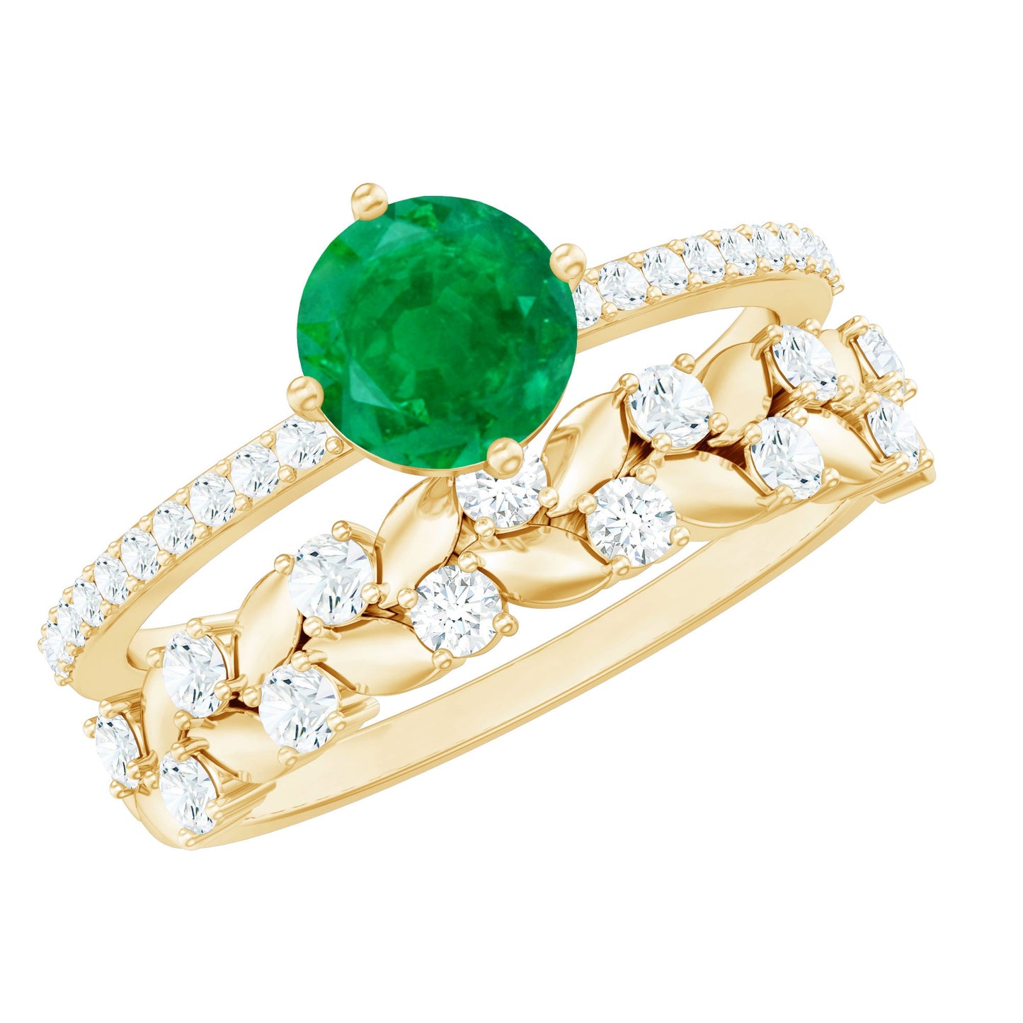 Nature Inspired 0.4 Carat Emerald Diamond Wedding Bridal Ring Set of 2
