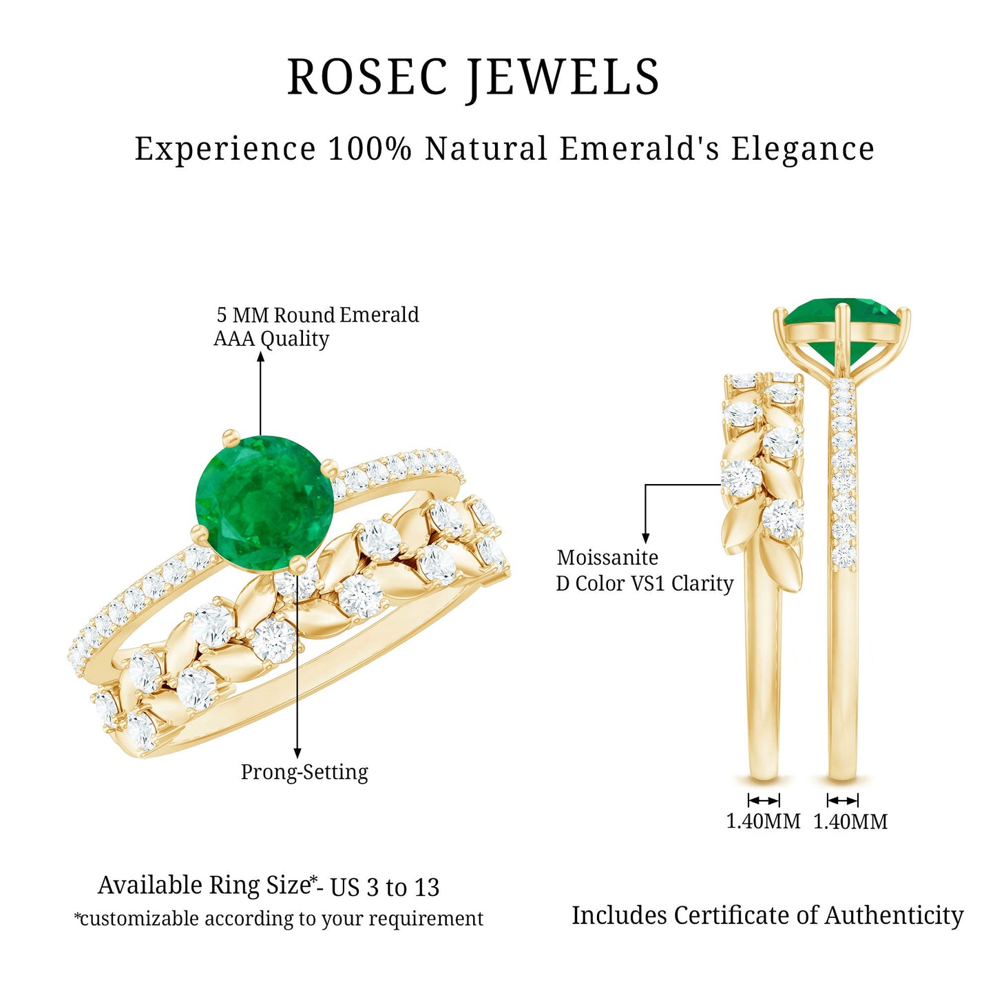 Nature Inspired 0.4 Carat Emerald Diamond Wedding Bridal Ring Set of 2