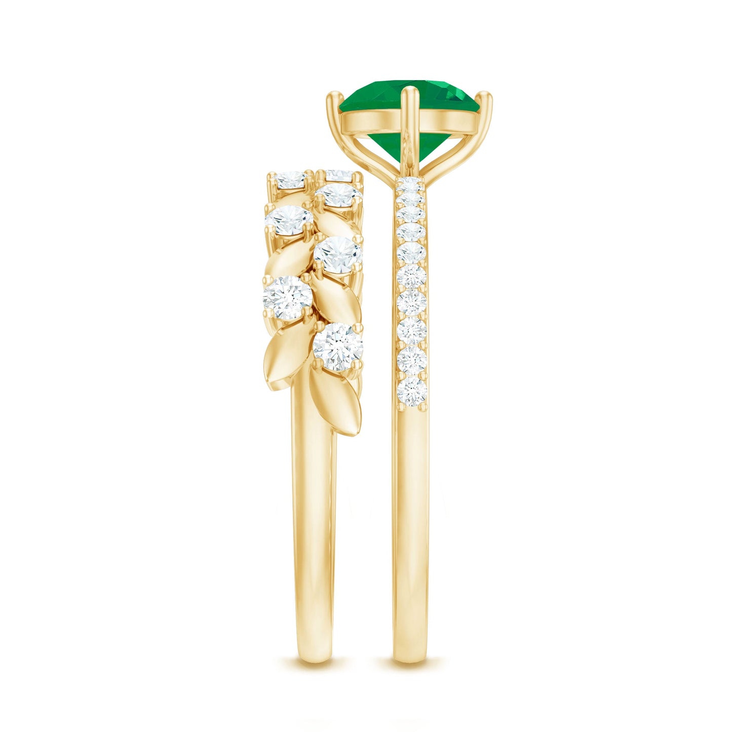 Nature Inspired 0.4 Carat Emerald Diamond Wedding Bridal Ring Set of 2