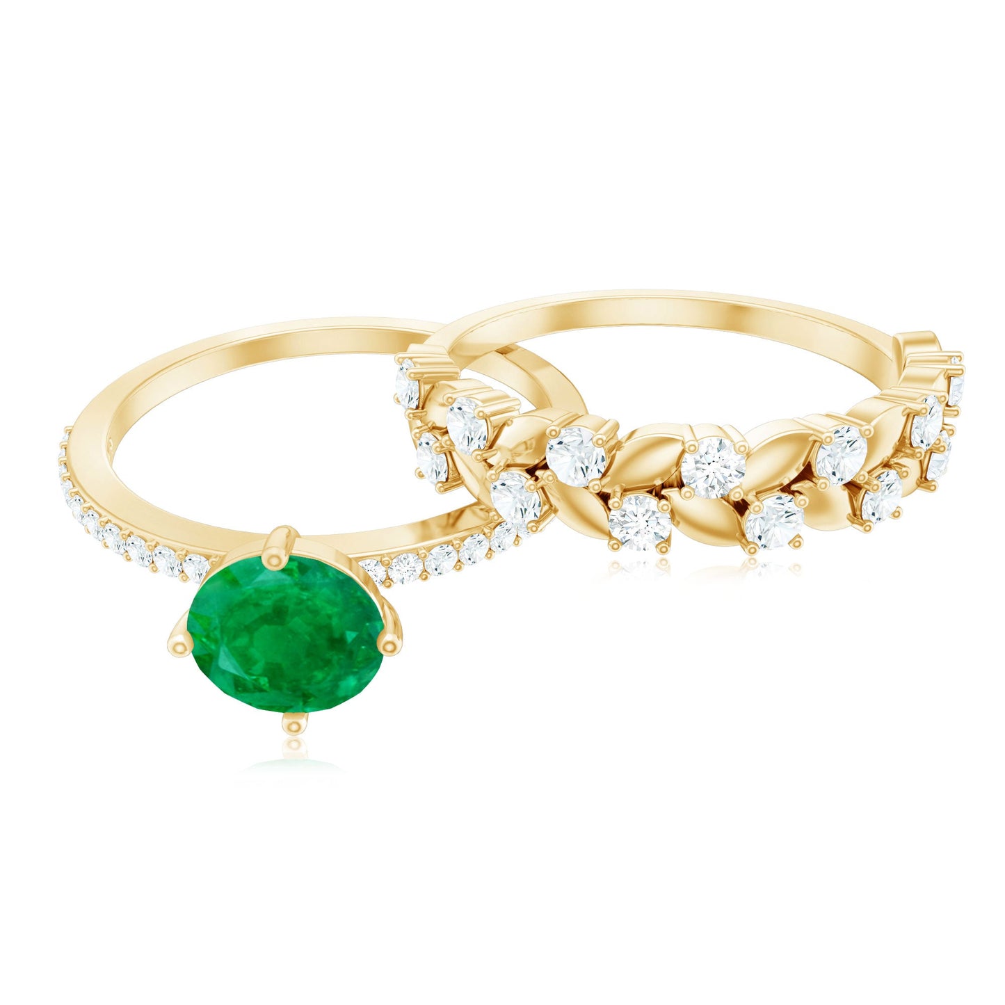 Nature Inspired 0.4 Carat Emerald Diamond Wedding Bridal Ring Set of 2