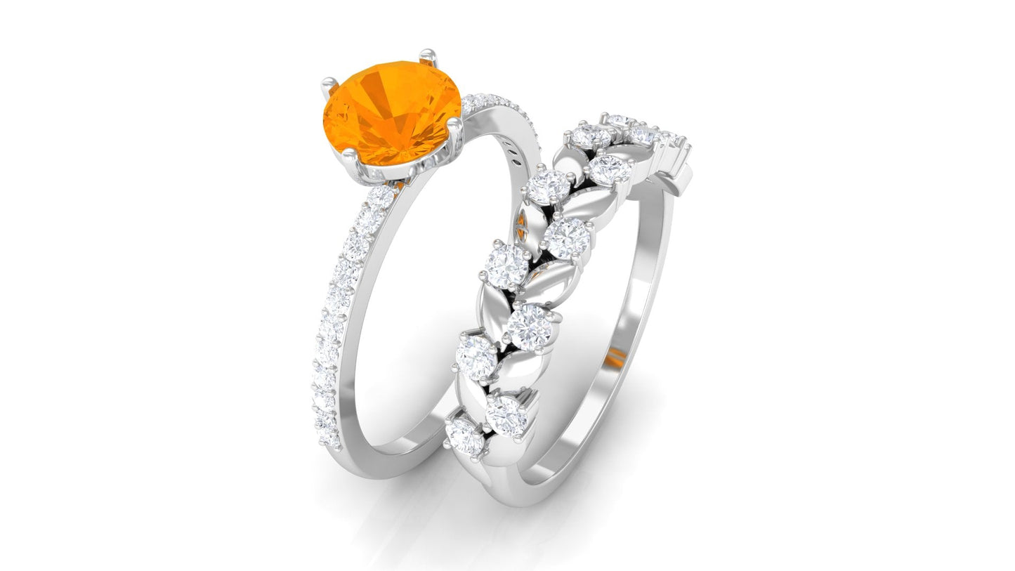 Classic Fire Opal Wedding Ring Set with Moissanite