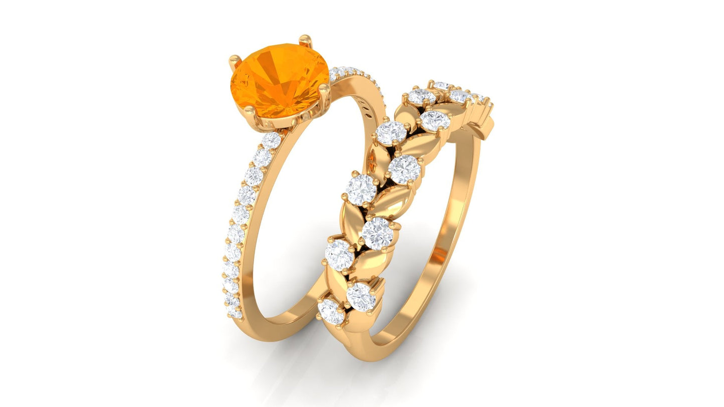 Classic Fire Opal Wedding Ring Set with Moissanite