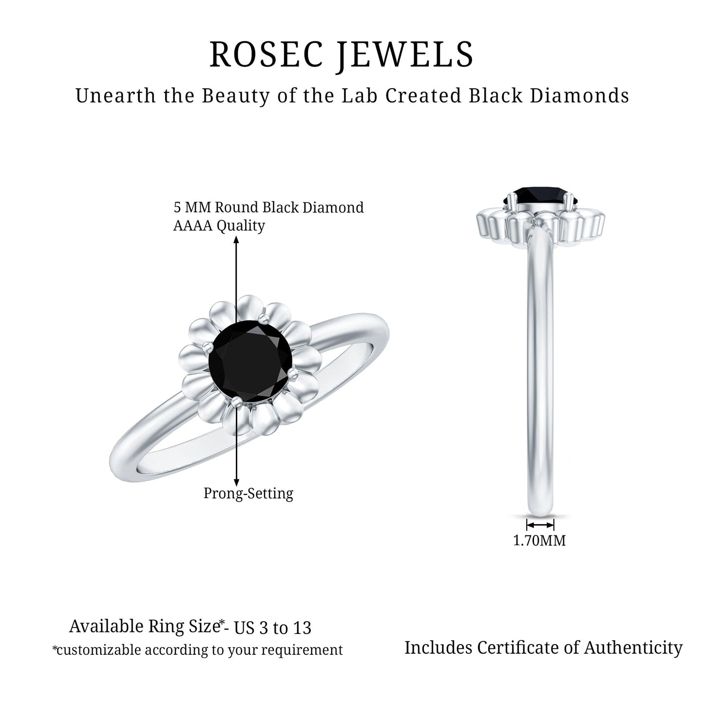 Round Cut Solitaire Lab Created Black Diamond Flower Ring