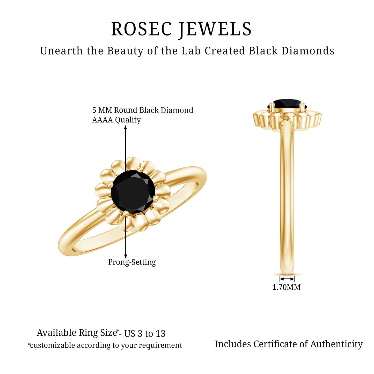 Round Cut Solitaire Lab Created Black Diamond Flower Ring