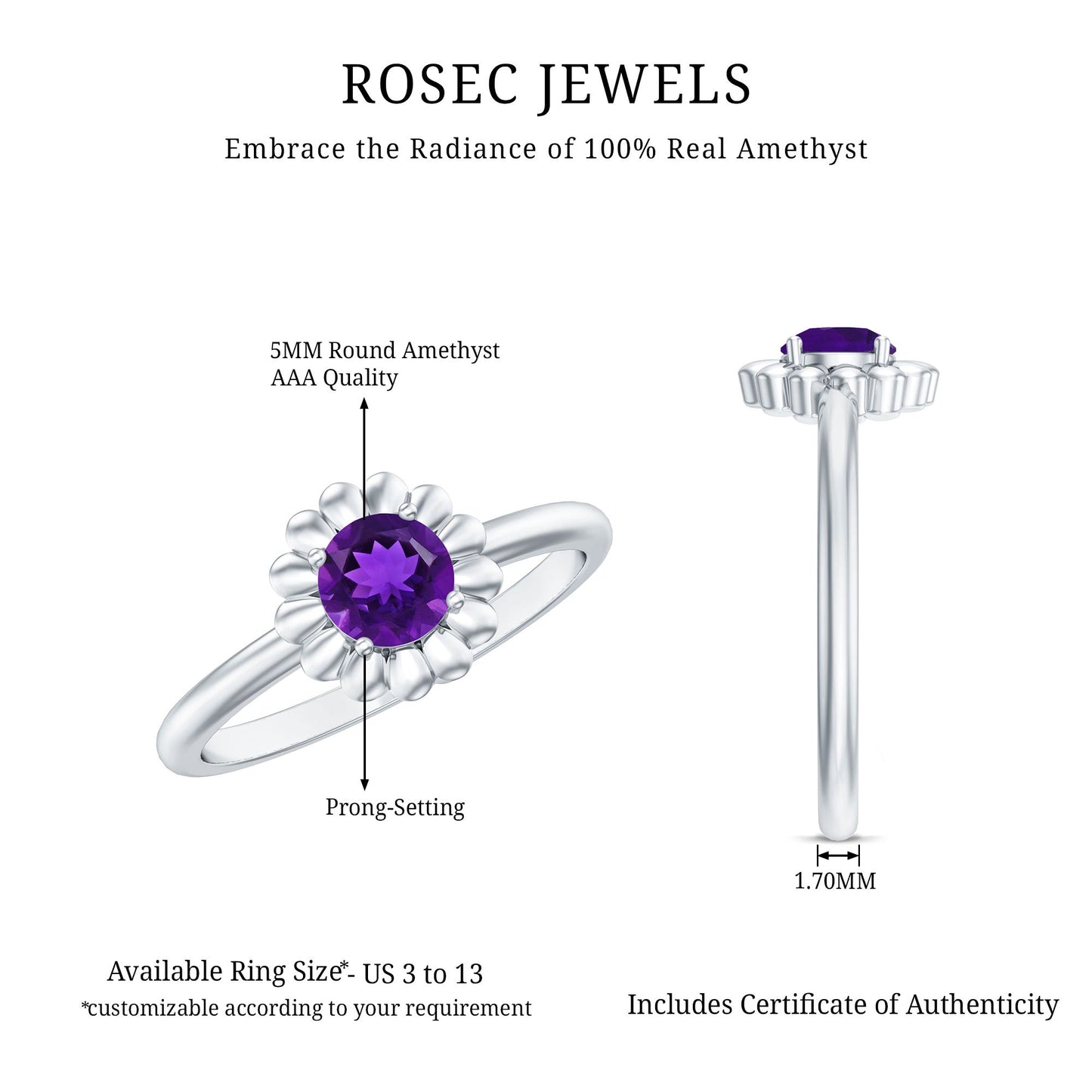 Round Cut Solitaire Amethyst Flower Promise Ring