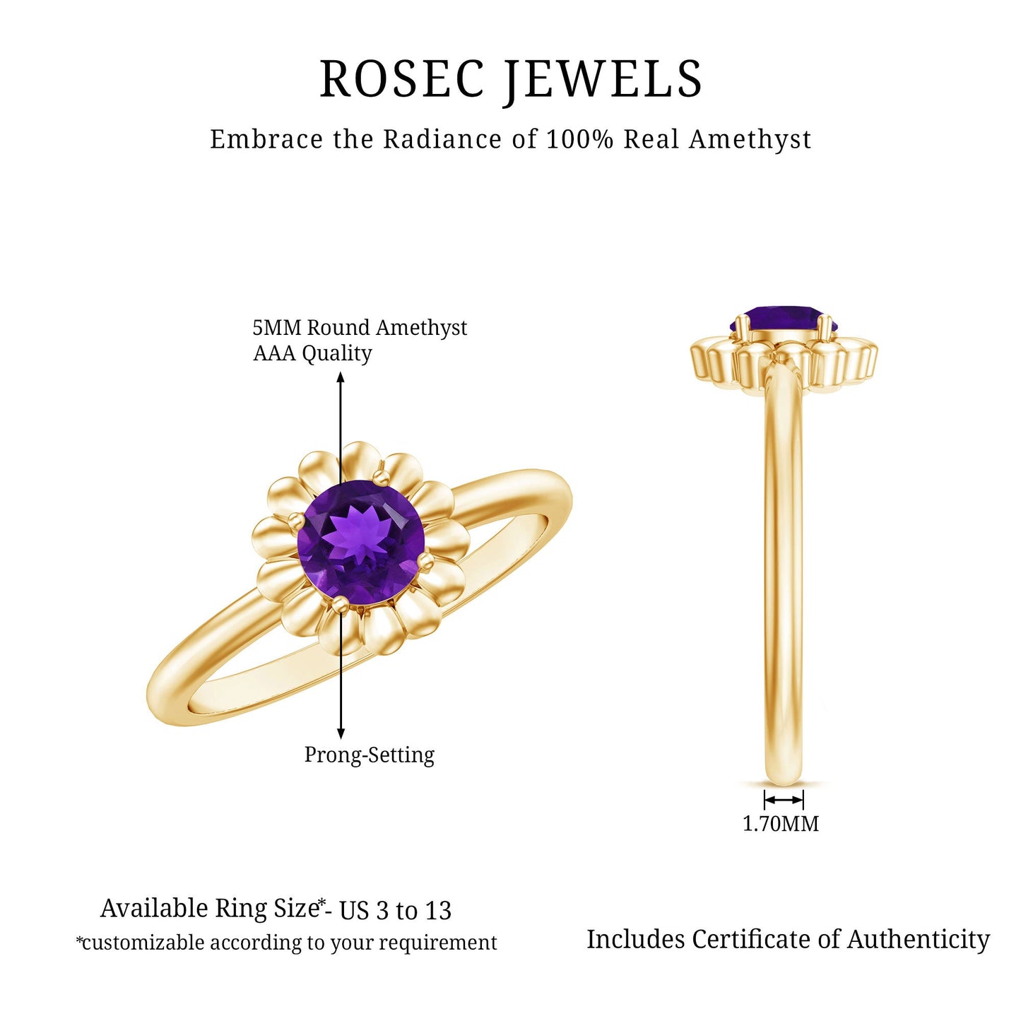 Round Cut Solitaire Amethyst Flower Promise Ring
