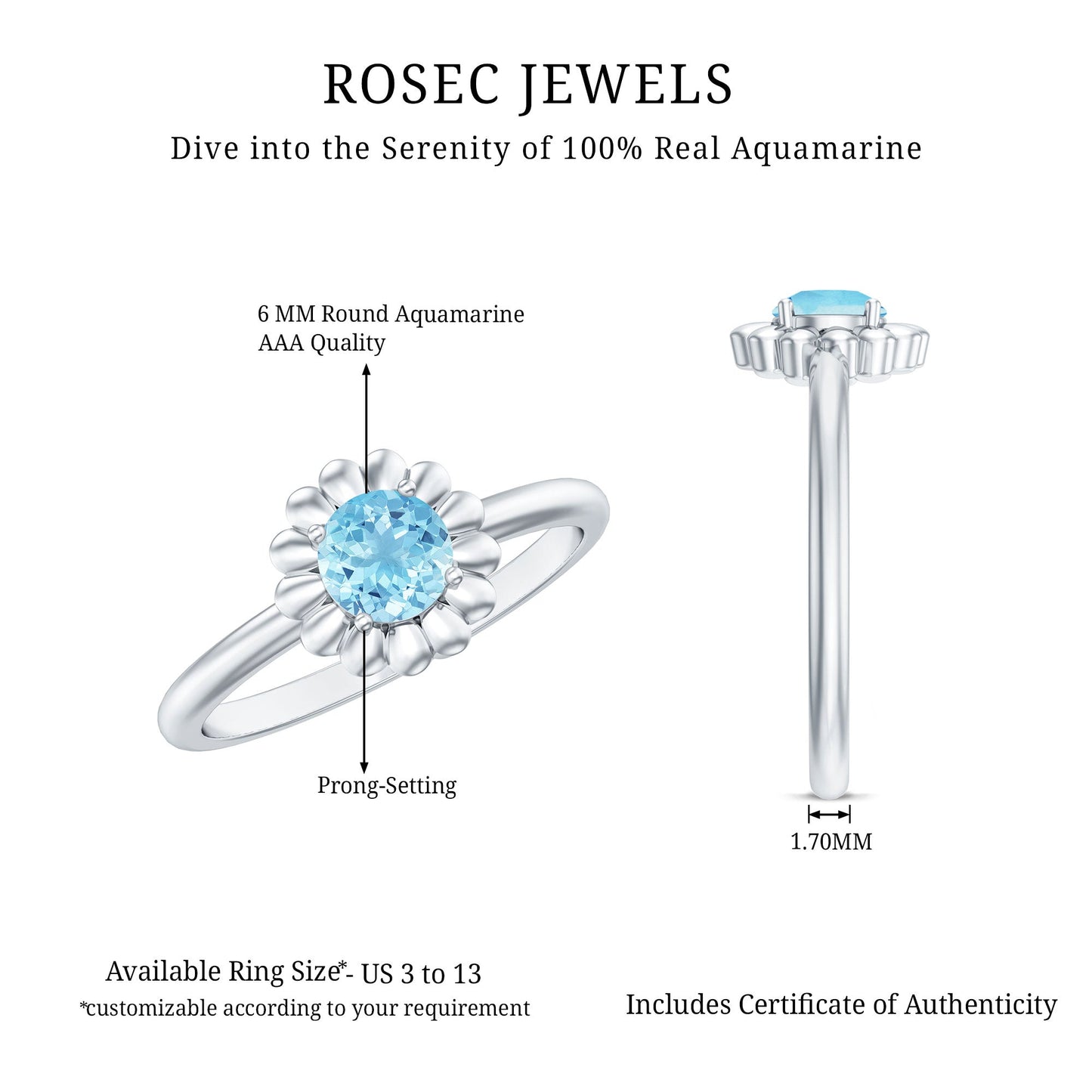 Natural Aquamarine Flower Promise Ring with Certificate