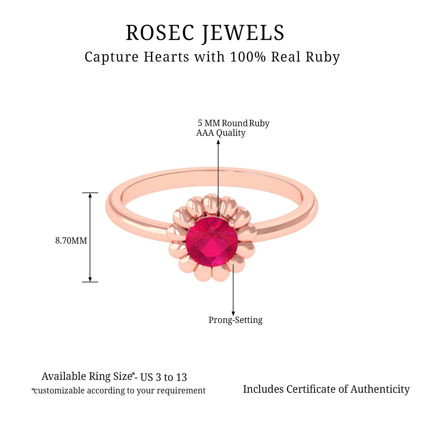 Round Cut Genuine Ruby Flower Promise Ring