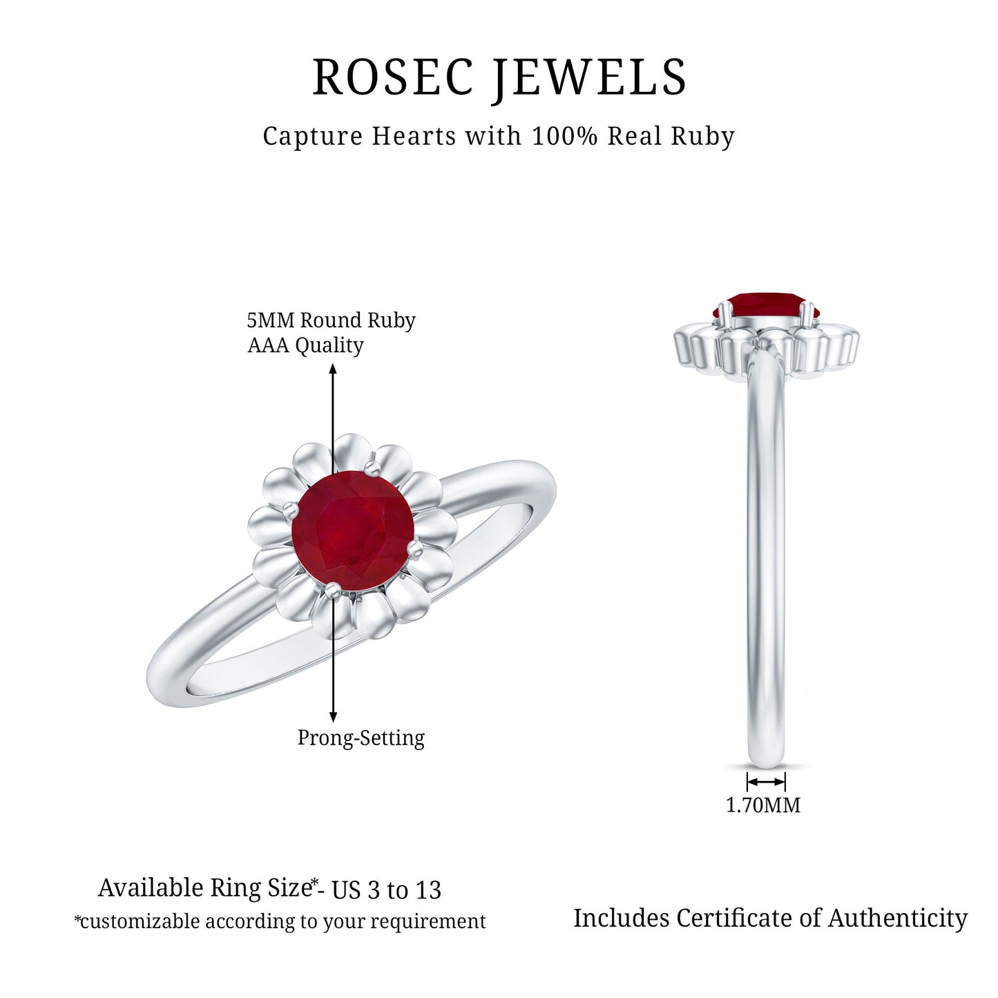 Round Cut Genuine Ruby Flower Promise Ring