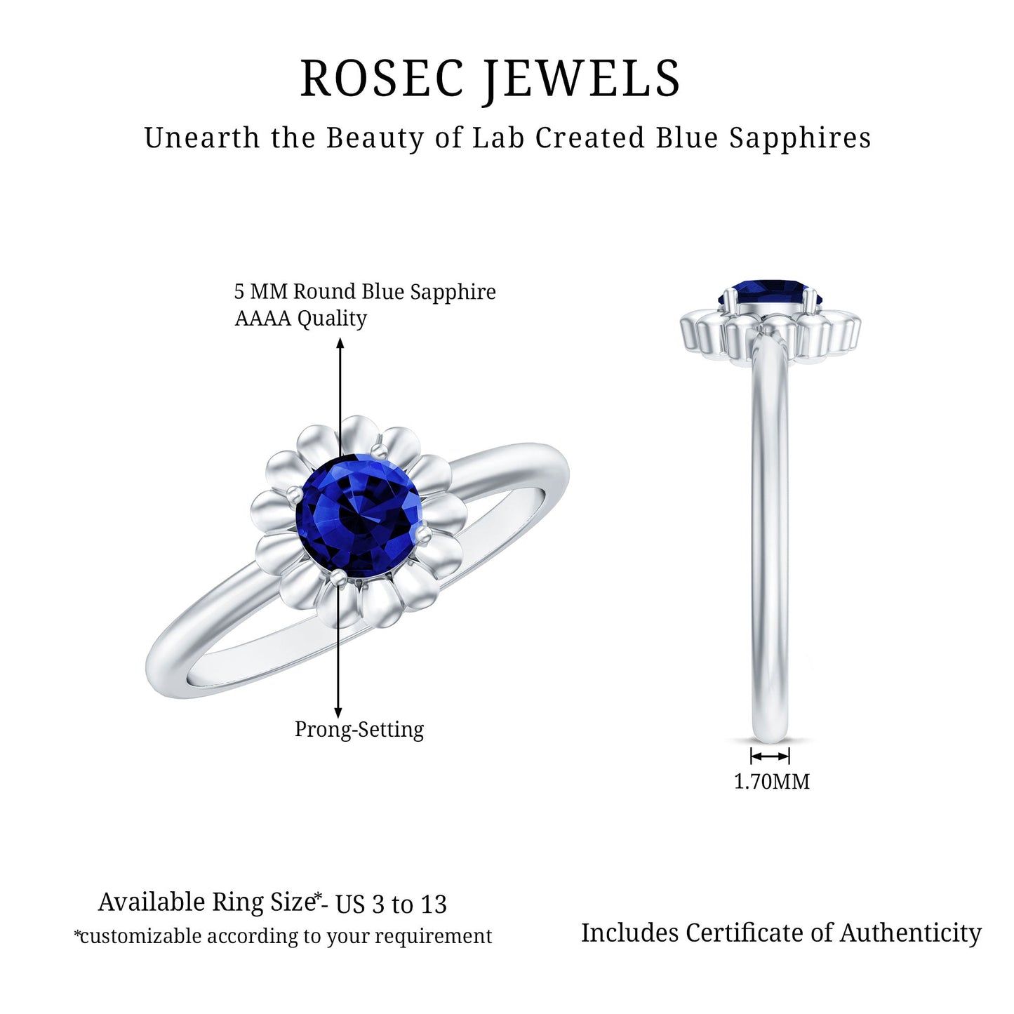 Certified 0.6 Carat Lab Grown Blue Sapphire Flower Promise Ring for Women