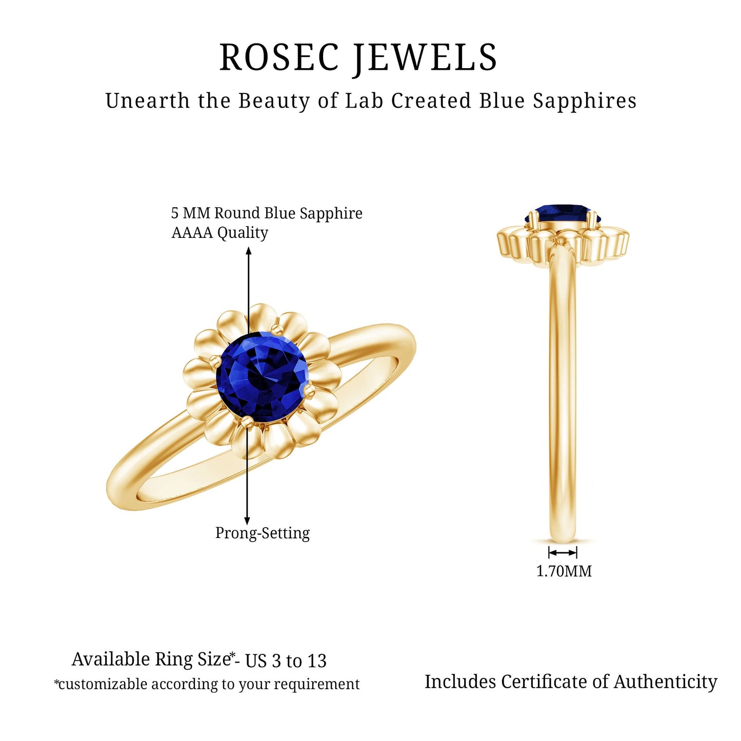 Certified 0.6 Carat Lab Grown Blue Sapphire Flower Promise Ring for Women