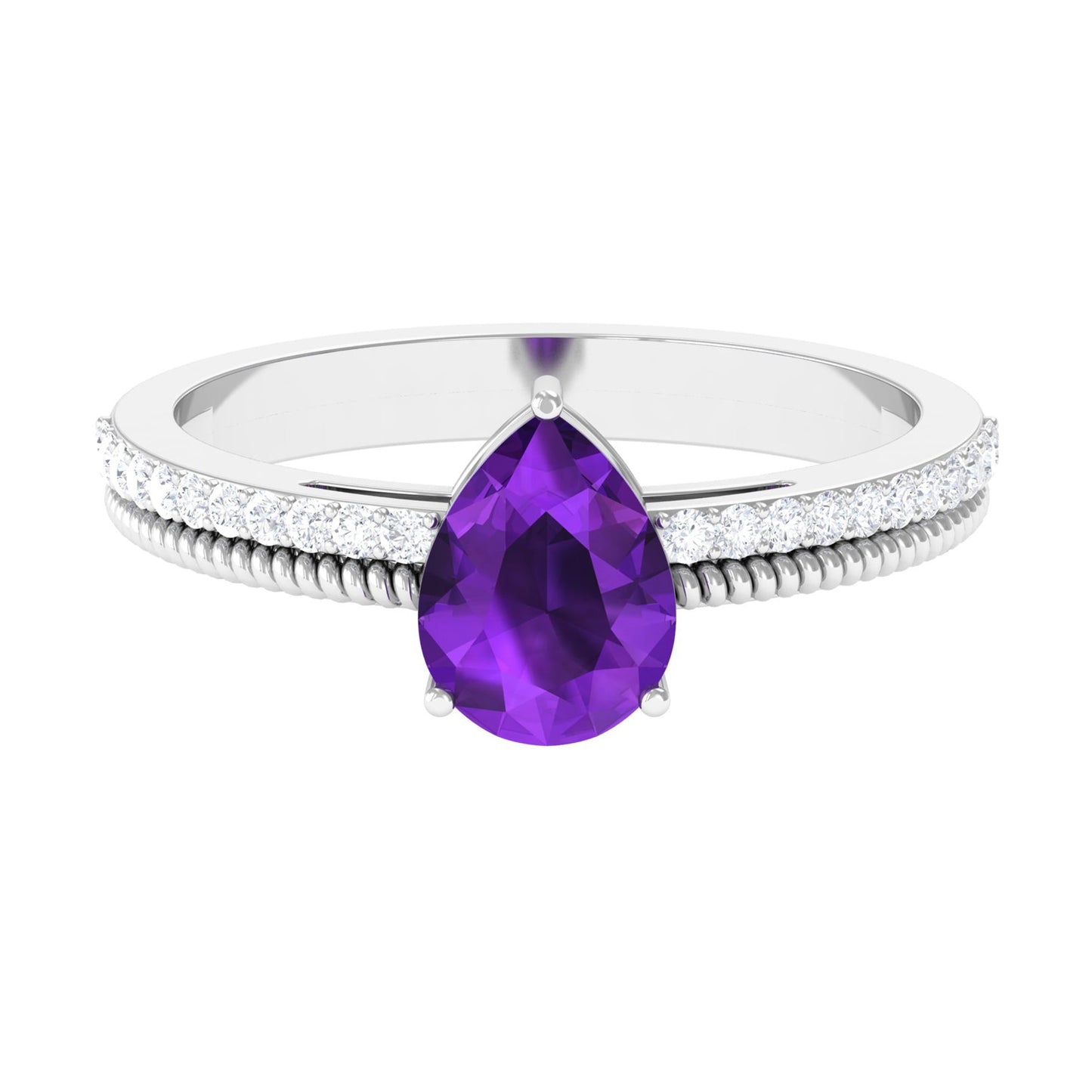 Real 1 Carat Amethyst Pear Shaped Engagement Ring with Diamond