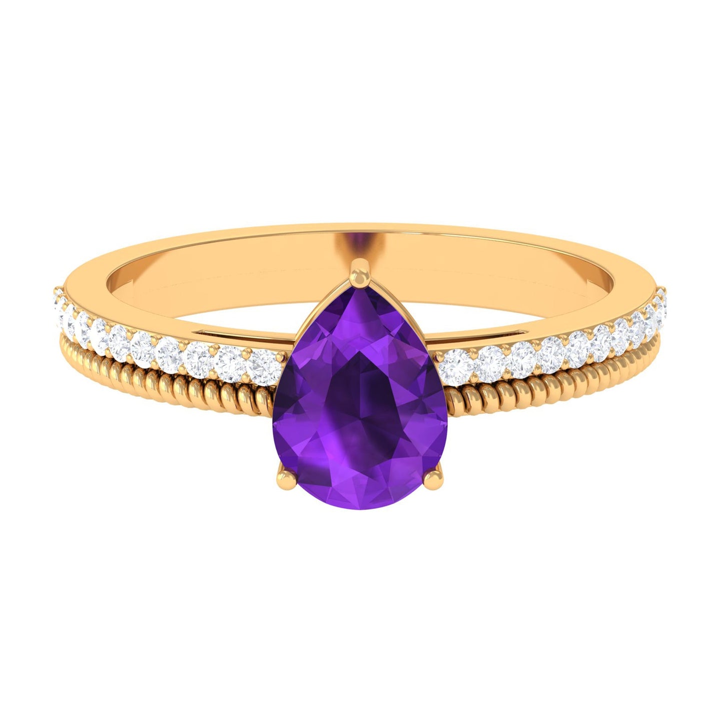 Real 1 Carat Amethyst Pear Shaped Engagement Ring with Diamond