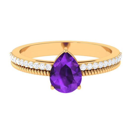 Real 1 Carat Amethyst Pear Shaped Engagement Ring with Diamond