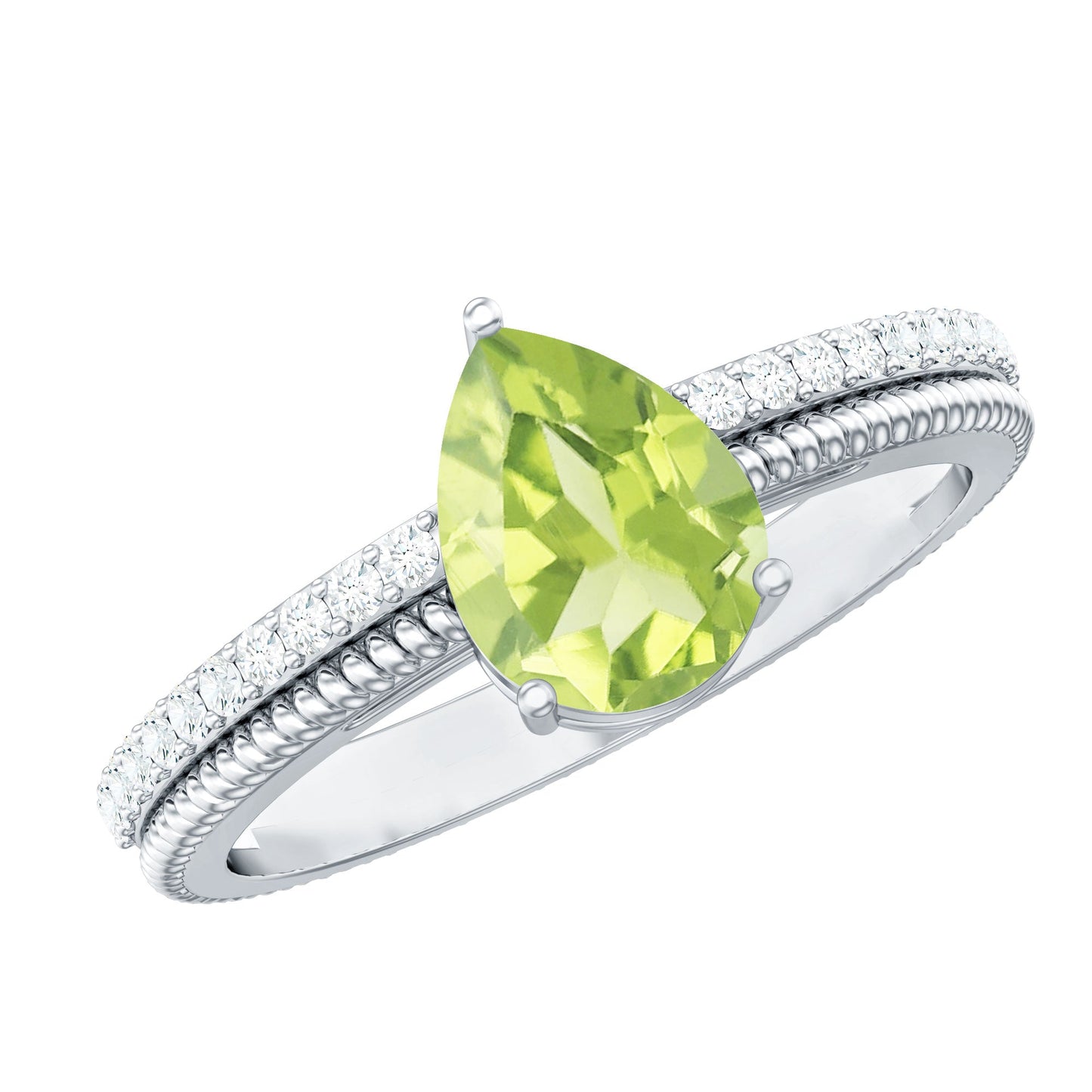 Natural 1 Carat Pear Shaped Peridot Engagement Ring with Diamond