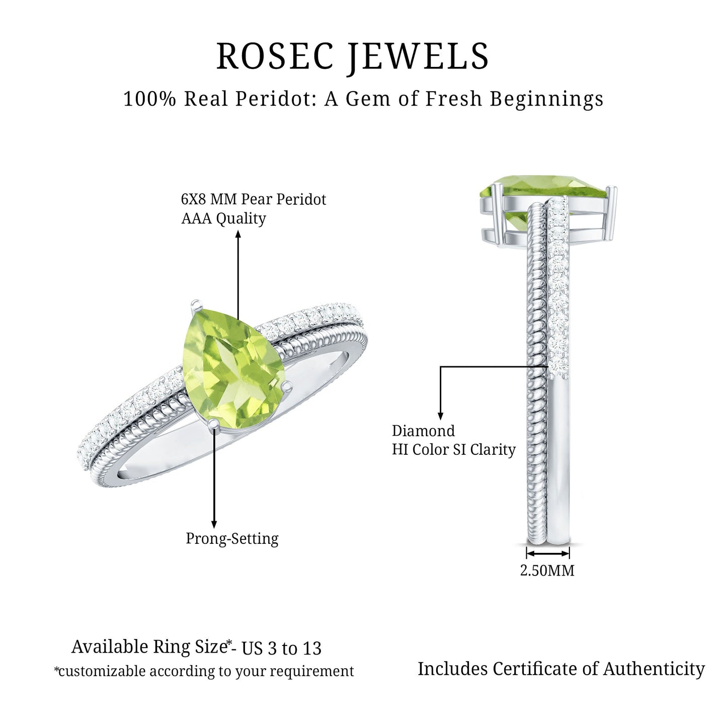 Natural 1 Carat Pear Shaped Peridot Engagement Ring with Diamond
