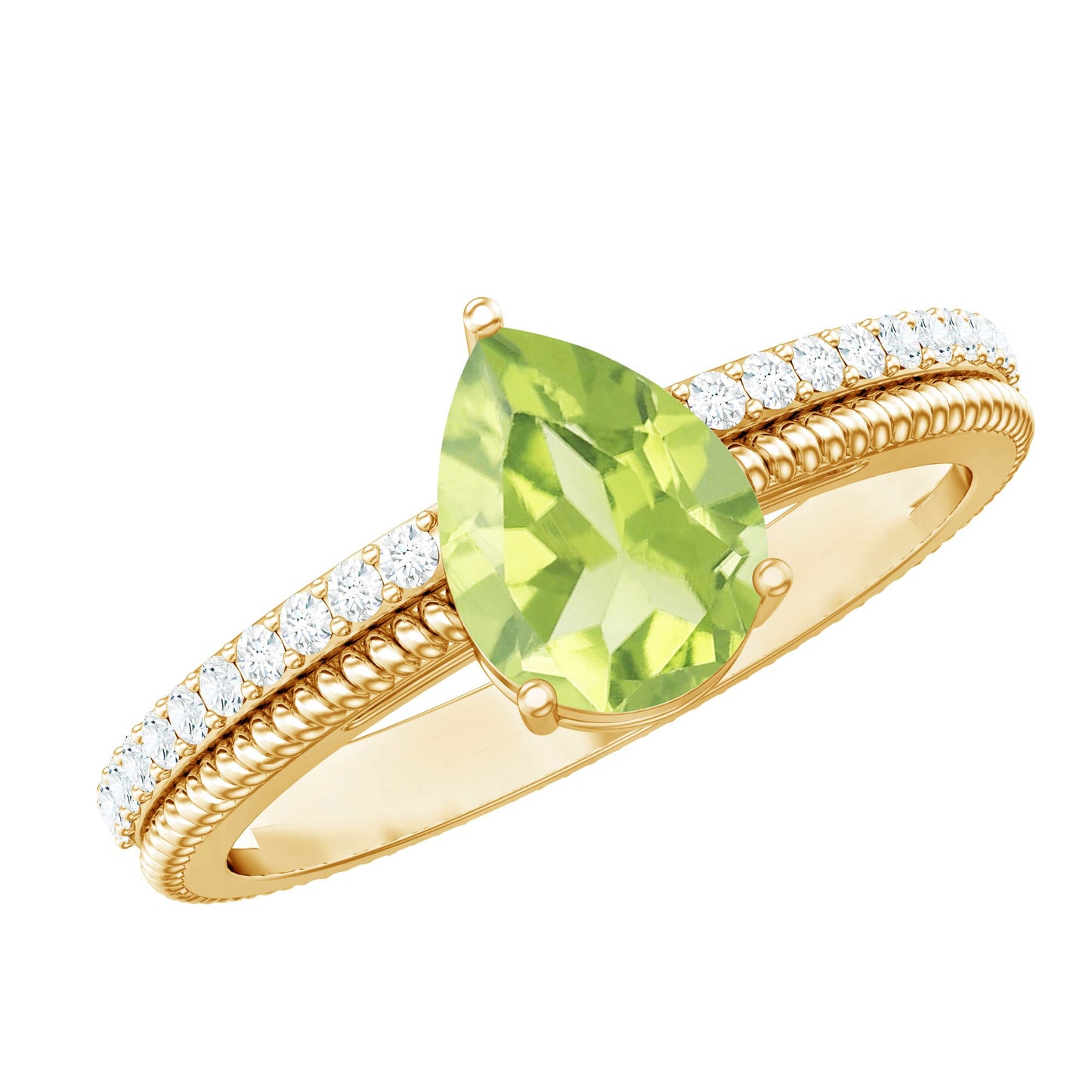 Natural 1 Carat Pear Shaped Peridot Engagement Ring with Diamond