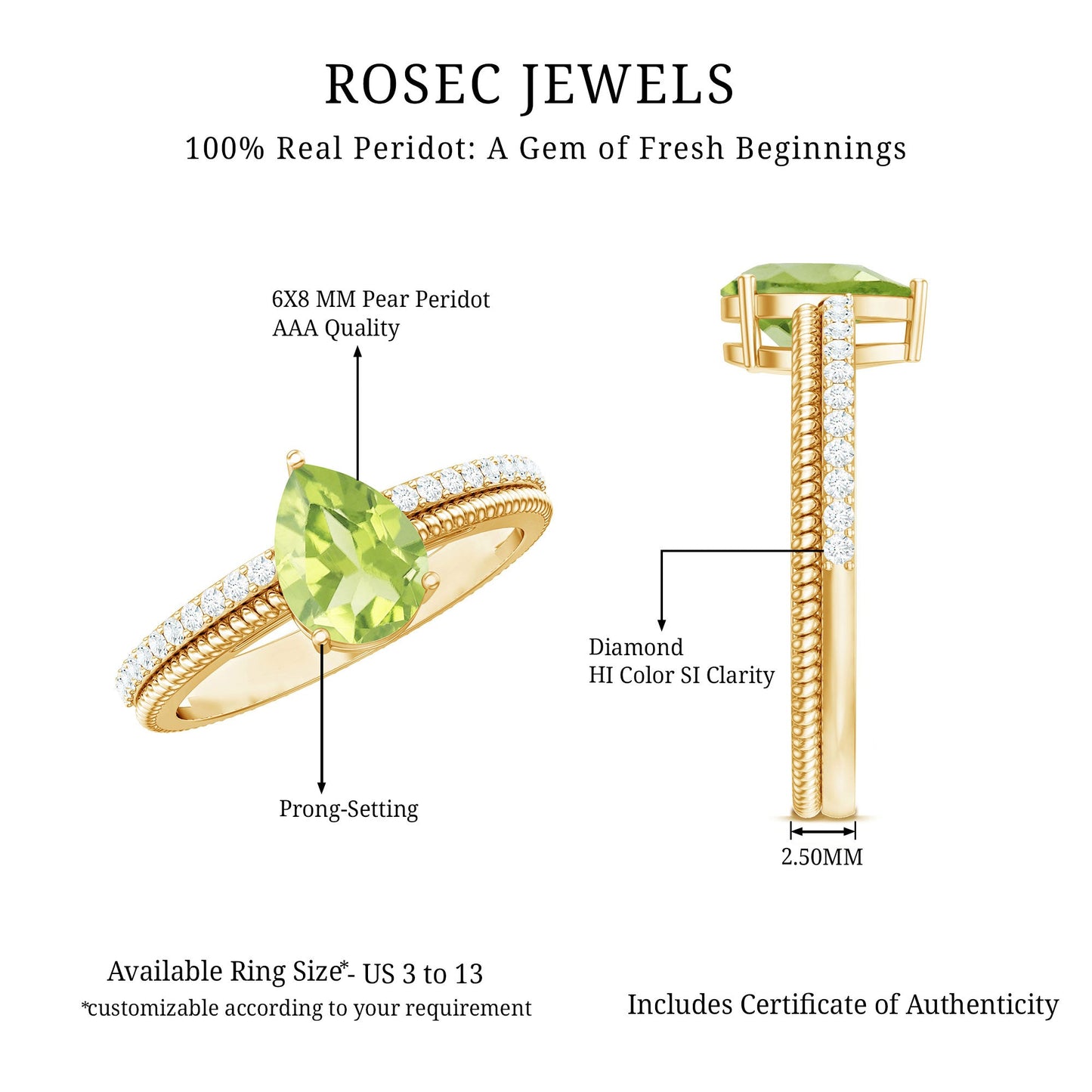 Natural 1 Carat Pear Shaped Peridot Engagement Ring with Diamond