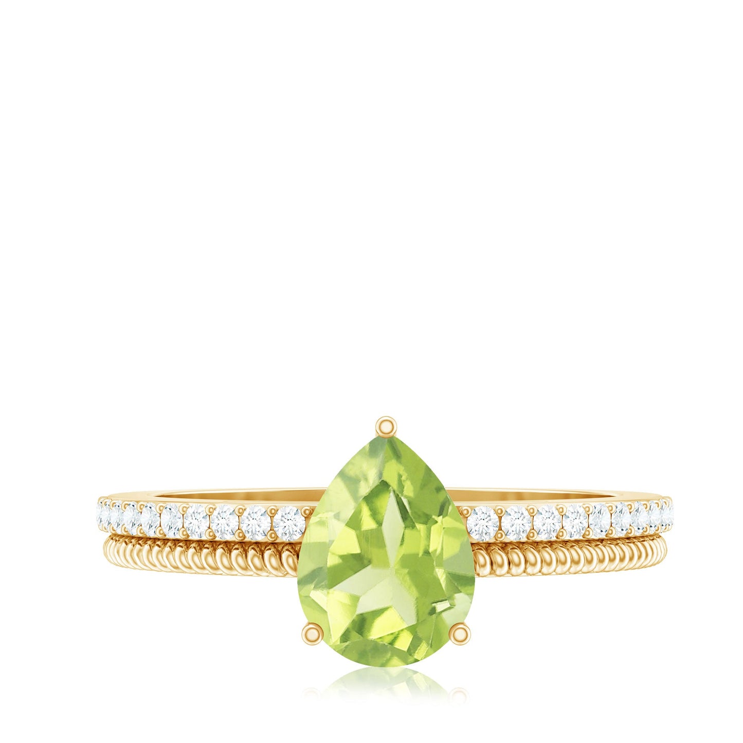 Natural 1 Carat Pear Shaped Peridot Engagement Ring with Diamond