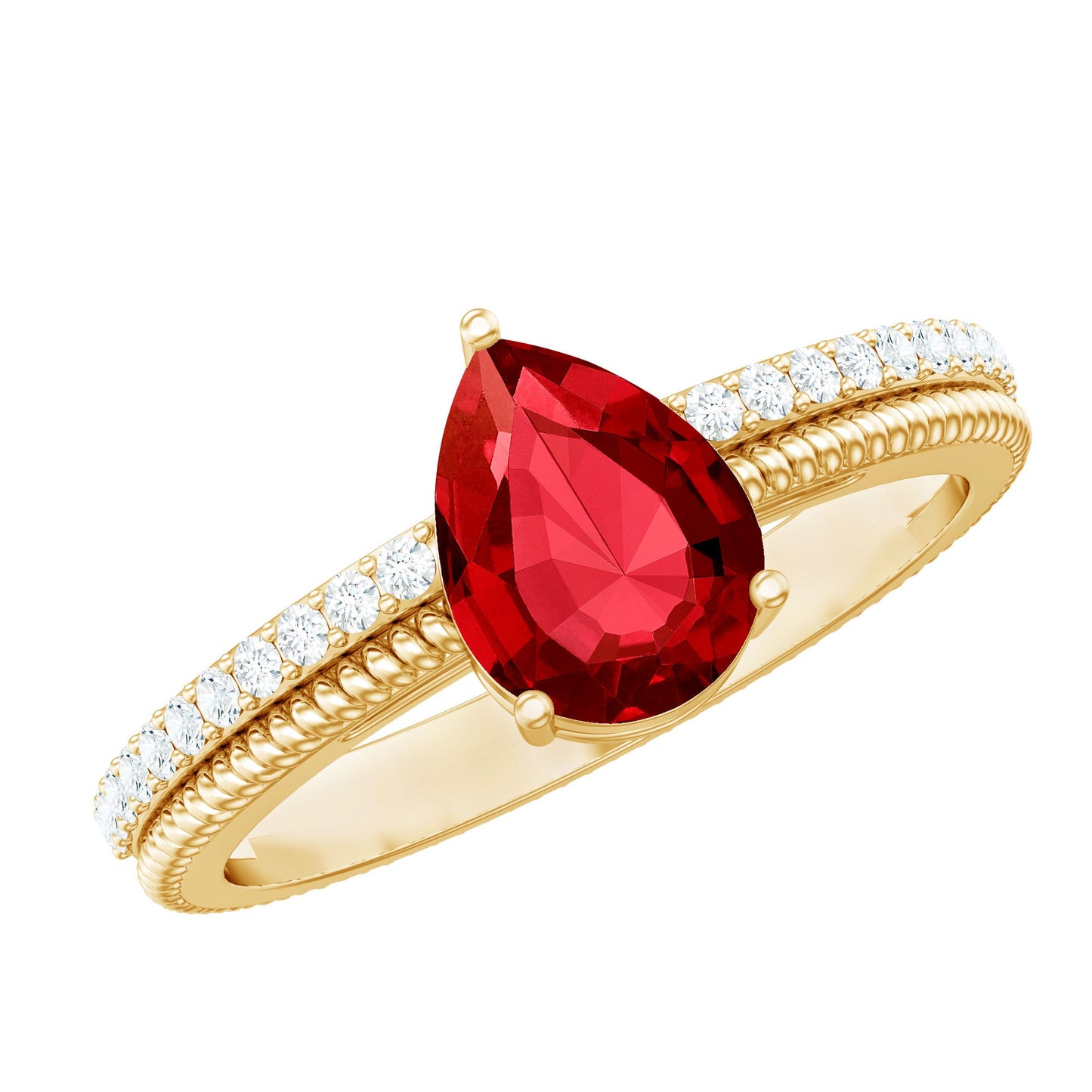 Solitaire Lab Grown Ruby Teardrop Engagement Ring with Diamonds