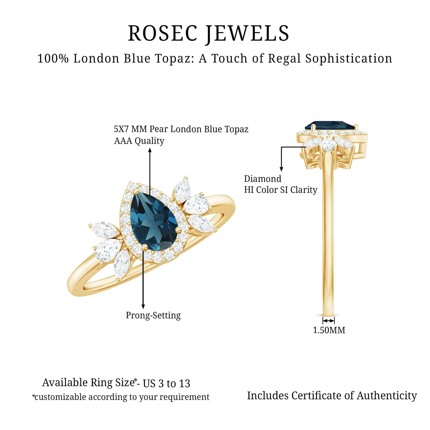 Pear Shaped London Blue Topaz Engagement Ring with Diamond Halo